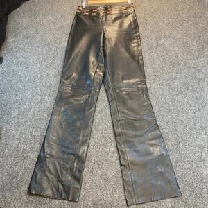Vintage Cache Black Leather Pants Womens 6 Straight Leg Biker Brown Waist Detail